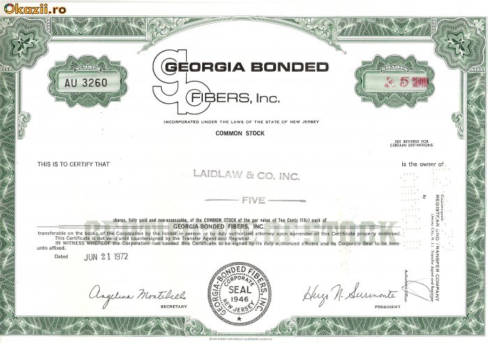 728 Actiuni -GEORGIA BONDED FIBERS, Inc. -seria AU 3260