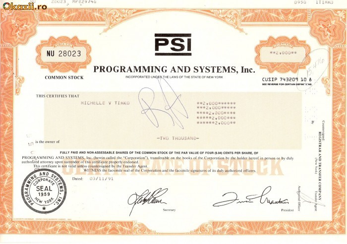 716 Actiuni -Programming and Systems, Inc. -seria NU 28023 716 Actiuni -Programming and Systems, Inc. -seria NU 28023