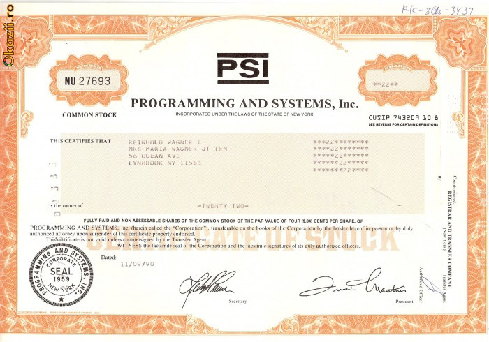720 Actiuni -Programming and Systems, Inc. -seria NU 27693