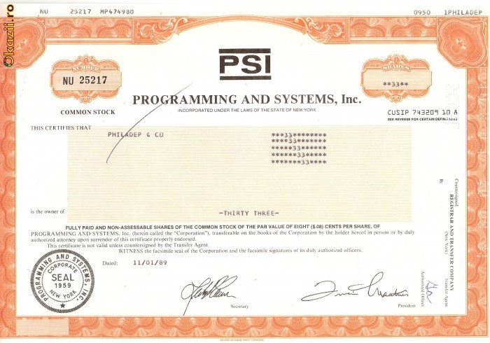 715 Actiuni -Programming and Systems, Inc. -seria NU 25217 715 Actiuni -Programming and Systems, Inc. -seria NU 25217