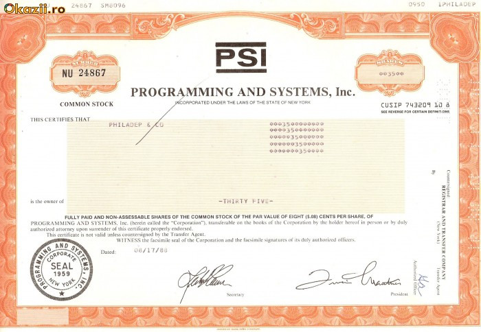 718 Actiuni -Programming and Systems, Inc. -seria NU 24867