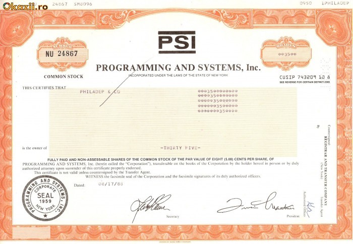 718 Actiuni -Programming and Systems, Inc. -seria NU 24867 718 Actiuni -Programming and Systems, Inc. -seria NU 24867