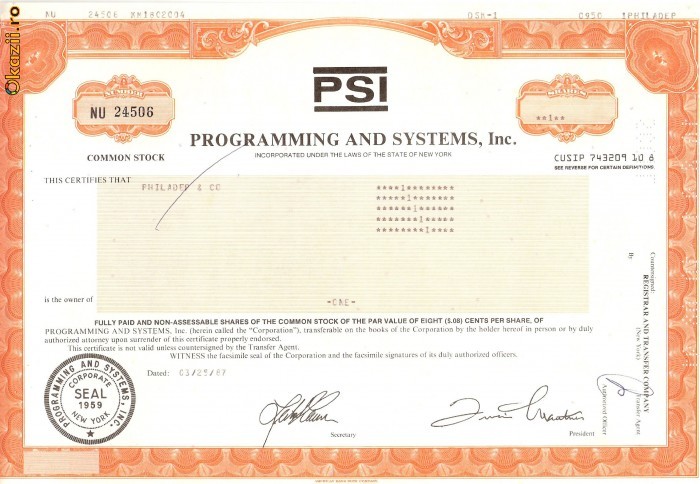 719 Actiuni -Programming and Systems, Inc. -seria NU 24506 719 Actiuni -Programming and Systems, Inc. -seria NU 24506