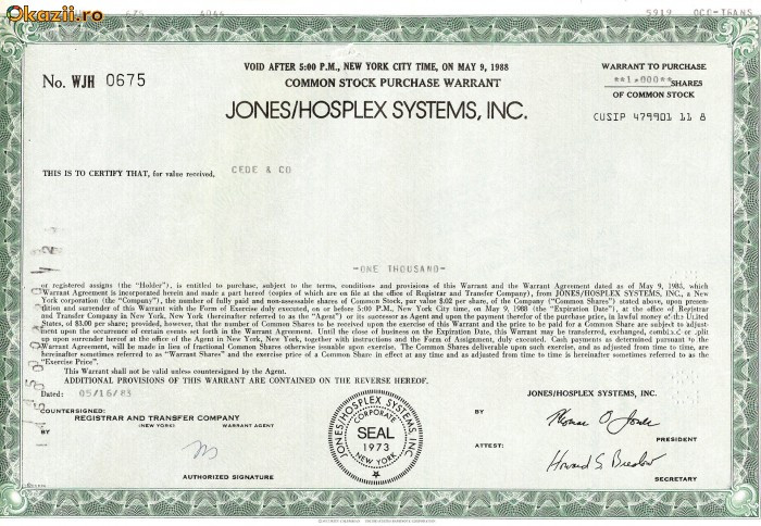 736 Actiuni -JONES/HOSPLEX SYSTEMS, INC. -seria WJH 0675