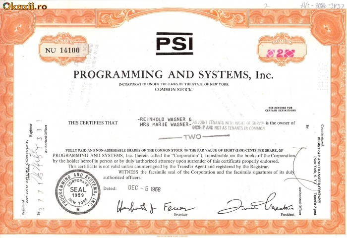 721 Actiuni -Programming and Systems, Inc. -seria NU 14100 721 Actiuni -Programming and Systems, Inc. -seria NU 14100