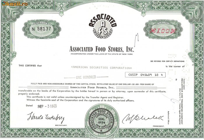 723 Actiuni -Associated Food Stores, Inc. -seria N 58137
