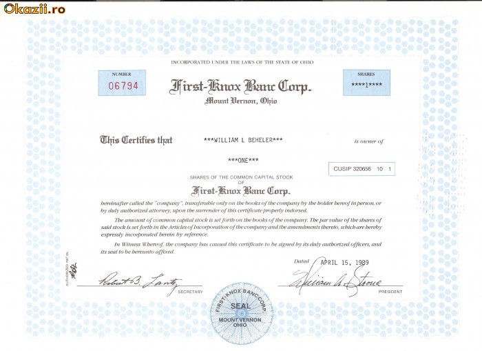 714 Actiuni -First-Knox Banc Corp. -seria 06794 714 Actiuni -First-Knox Banc Corp. -seria 06794