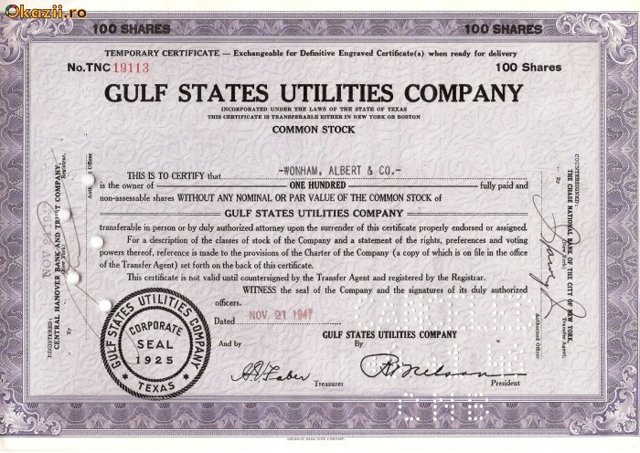 704 Actiuni -Gulf States Utilities Company -seria TNC19113 704 Actiuni -Gulf States Utilities Company -seria TNC19113
