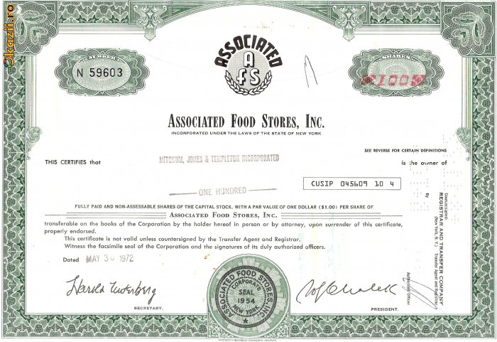 725 Actiuni -Associated Food Stores, Inc. -seria N 59603