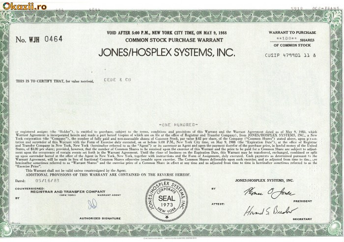 735 Actiuni -JONES/HOSPLEX SYSTEMS, INC. -seria WJH 0464 735 Actiuni -JONES/HOSPLEX SYSTEMS, INC. -seria WJH 0464