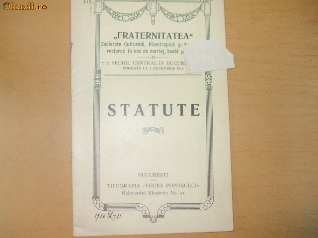 Statute Soc. culturala ,,Fraternitatea&quot; Buc. 1911