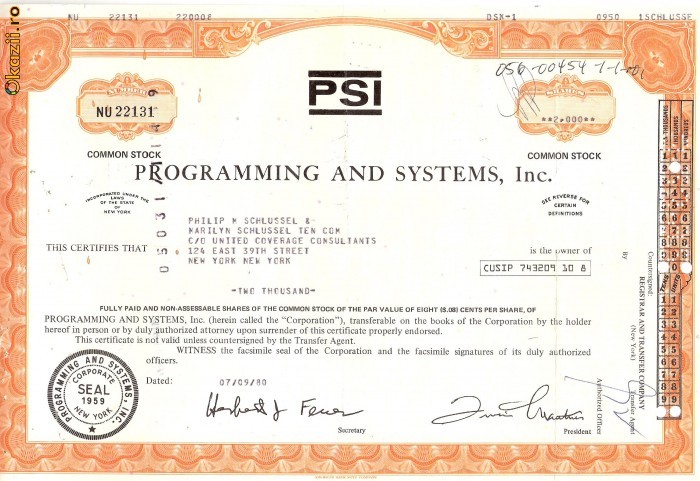 717 Actiuni -Programming and Systems, Inc. -seria NU 22131 717 Actiuni -Programming and Systems, Inc. -seria NU 22131