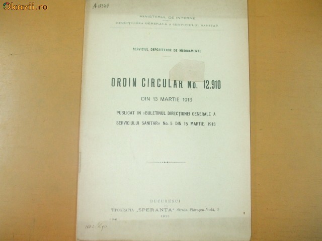 Serv. Dep. Medicamente Ordin Circular 12 910 Buc. 1913