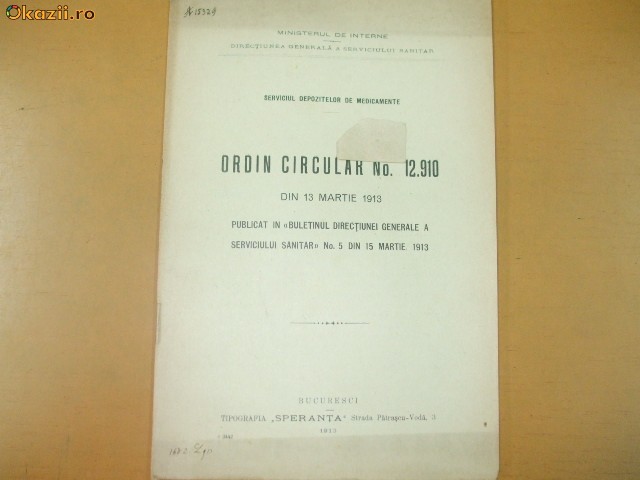 Serv. Dep. Medicamente Ordin Circular 12 910 Buc. 1913