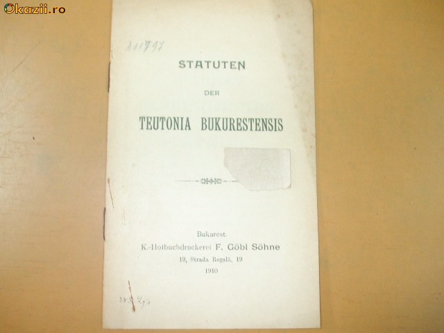 Statuten der Teutonia Bukurestensis Bukarest 1910