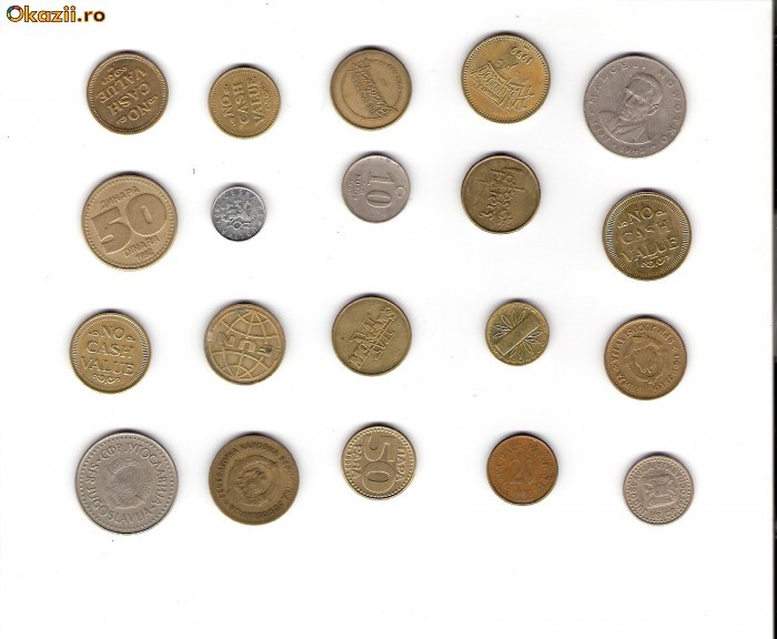 50 Lot interesant de monede si jetoane (fise, token)(20 bucati)