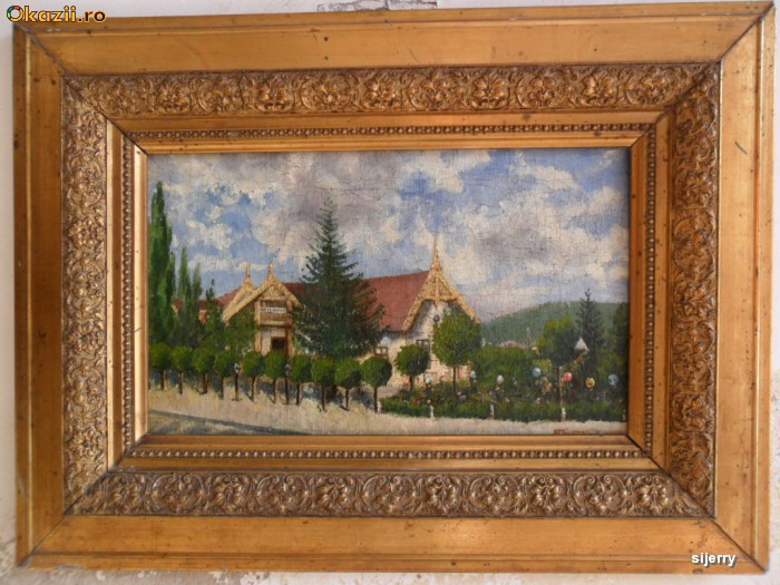Gara Bistrita 1901 , pictura veche in ulei pe panza