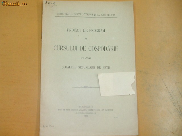 Proiect program curs gospodarie scoli fete Buc. 1910