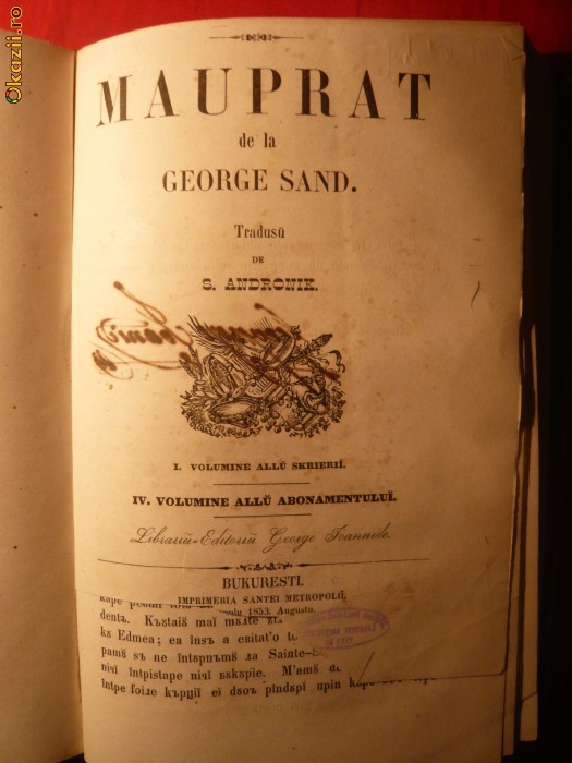 131. GEORGE SAND - MAUPRAT - ed. 1853 ,vol Isi II legate TIPARITA IN LB. ROMANA , CU CARACTERE SLAVONE. 423 PAG