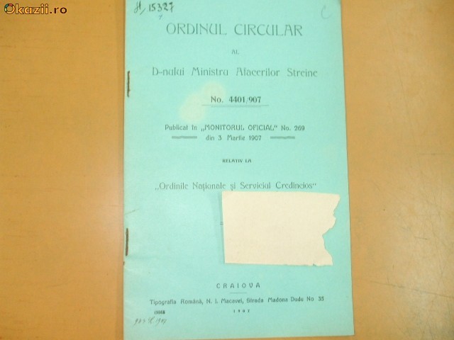 Ordin circular al Min. Afacerilor streine Craiova 1907 Ordin circular al Min. Afacerilor streine Craiova 1907