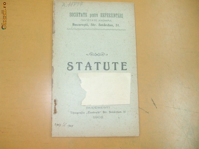 Statute Soc. pentru represintari Bucuresti 1908