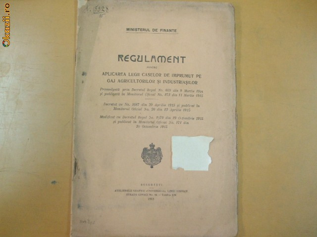 Regulament legea caselor de imprumut Buc. 1915