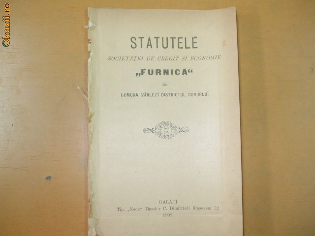 Statute Soc. credit ,,Furnica&quot; din Varlezi Covurlui 1902