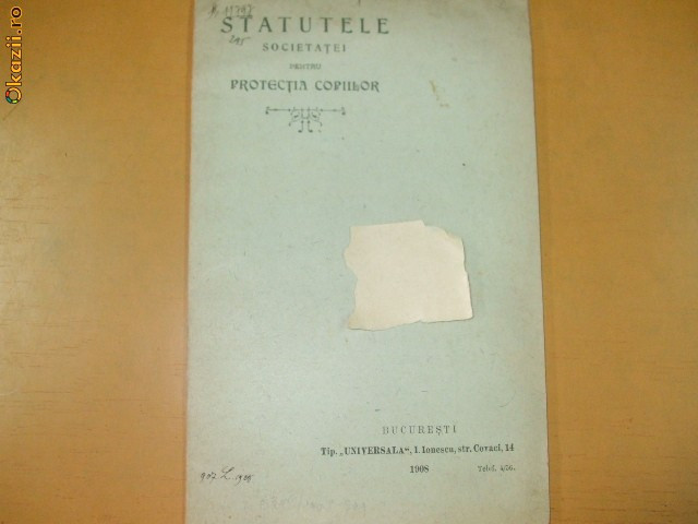 Statute Soc.pentru Protectia copiilor Buc. 1908