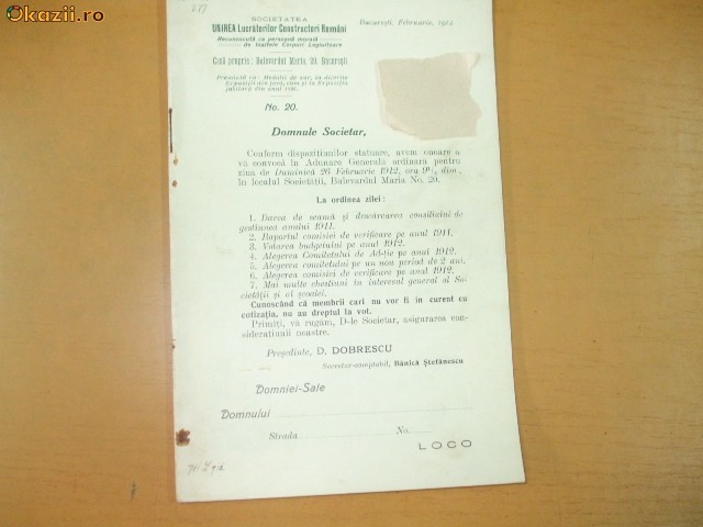 Dare de seama Soc. ,,Unirea&quot; constructori romani 1912