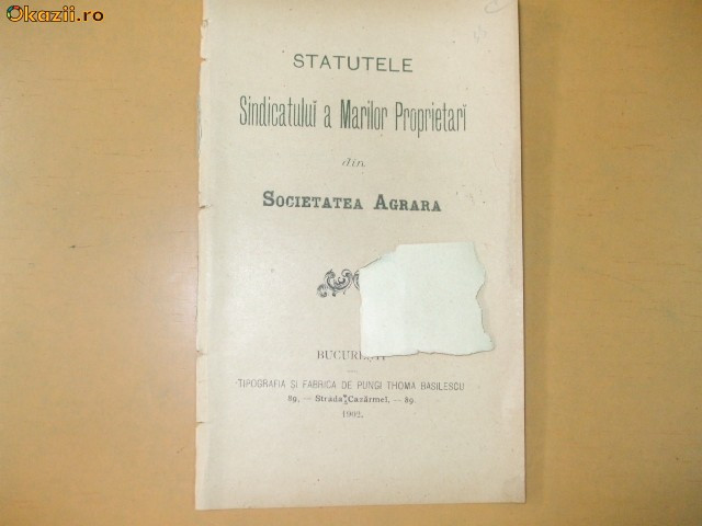 Statute sindicat mari proprietari Soc. agrara Buc. 1902