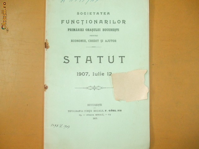Statut Soc. functionari Primarie Buc. 1907 Statut Soc. functionari Primarie Buc. 1907