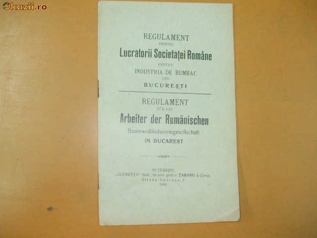 Regulament lucratori Soc. Bumbac Bucuresti 1906