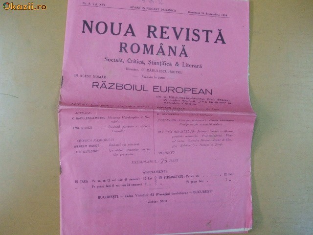 Noua Revista Romana Dir: C.R. Motru 14 09 1914 Noua Revista Romana Dir: C.R. Motru 14 09 1914