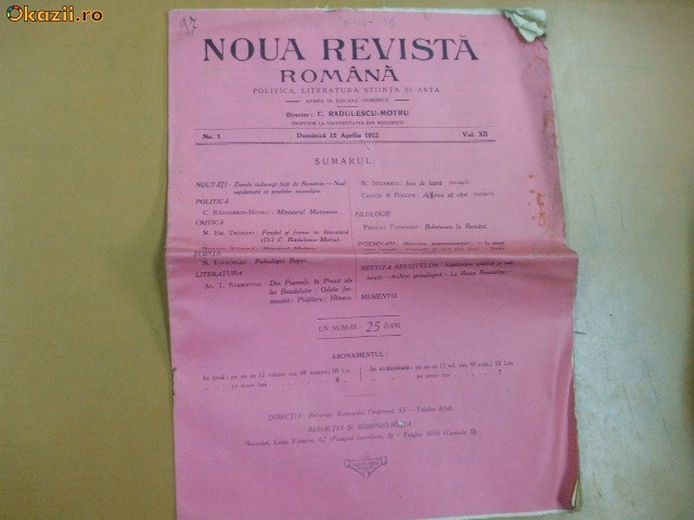 Noua Revista Romana Dir: C.R. Motru 15 04 1912 Noua Revista Romana Dir: C.R. Motru 15 04 1912