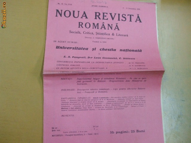 Noua Revista Romana Dir: C.R. Motru 4 - 11 10 1915 Noua Revista Romana Dir: C.R. Motru 4 - 11 10 1915
