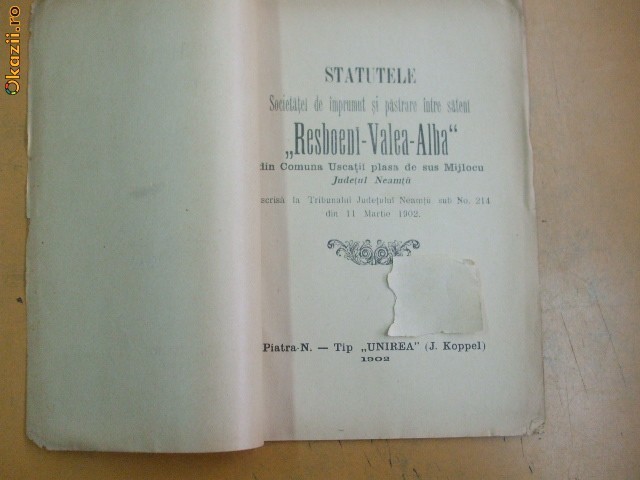 Statute Soc. imprumut ,,Resboieni - Valea Alba" 1902 Statute Soc. imprumut ,,Resboieni - Valea Alba" 1902
