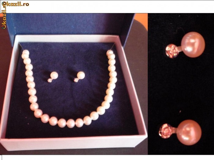 SET colier si cercei din perle albe NATURALE cu diamant SET colier si cercei din perle albe NATURALE cu diamant
