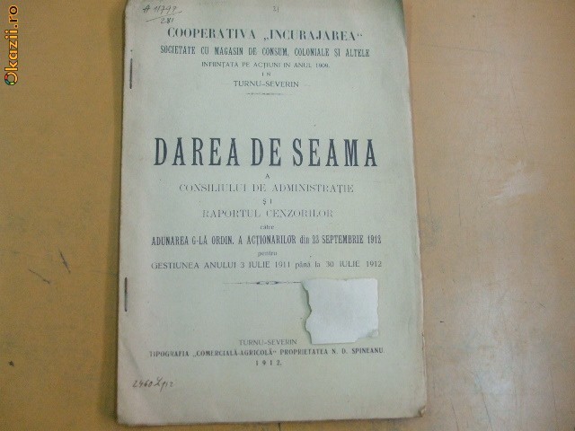 Dare de seama Soc. art. consum ,,Incurajarea&quot; 1912