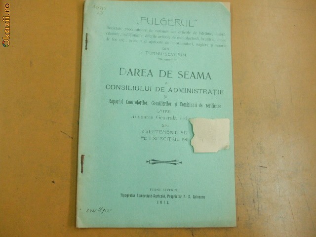 Dare de seama Soc. art. consum ,,Fulgerul&quot; T.Sev. 1912
