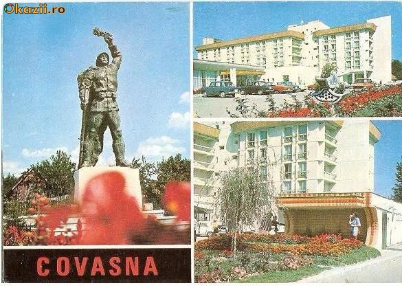 CP193-43 Covasna; Ostasul roman; Hotelul ,,Covasna"; Izvoarele minerale -carte postala circulata1985 CP193-43 Covasna; Ostasul roman; Hotelul ,,Covasna"; Izvoarele minerale -carte postala circulata1985