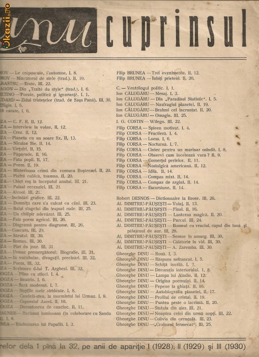 Unu - cuprinsul numerelor 1 - 32 pe anii 1928, 1929, 1930