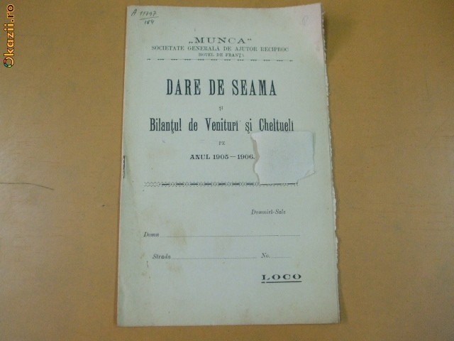 Dare de seama Soc. ajutor ,,Munca&quot; 1906