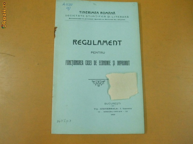 Regulament casa economie ,,Tinerimea romana&quot; 1910