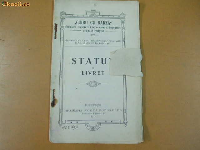 Statut Soc. imprumut ,,Cuibu cu barza" Buc. 1911 Statut Soc. imprumut ,,Cuibu cu barza" Buc. 1911