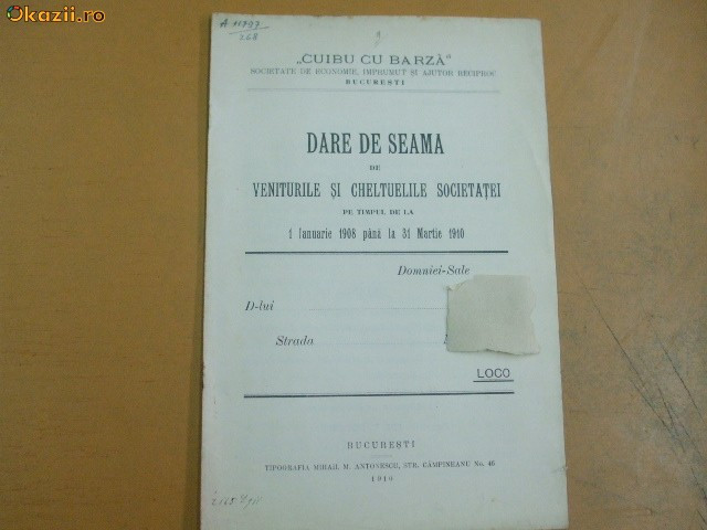 Dare de seama Soc. imprumut ,,Cuibu cu barza&quot; 1910