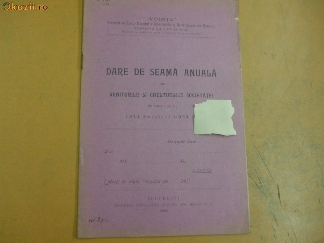 Dare de seama Soc. ajutor muncitori ,,Vointa" Buc. 1911 Dare de seama Soc. ajutor muncitori ,,Vointa" Buc. 1911