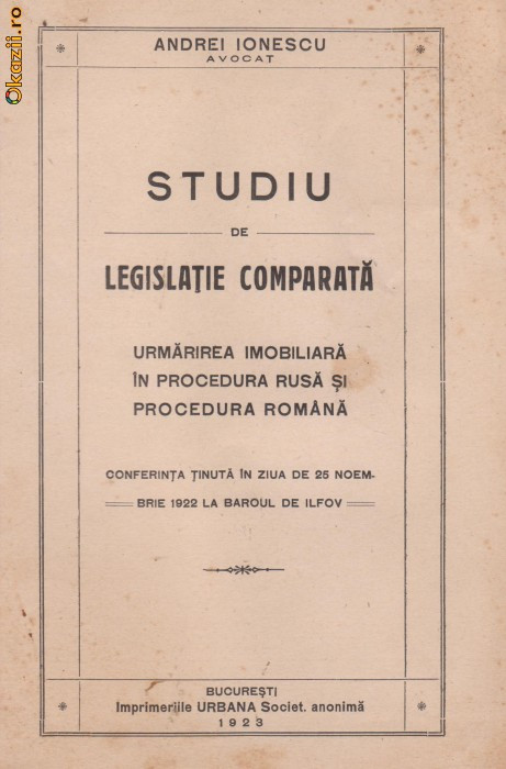 Av. Andrei Ionescu / Studiu de legislatie comparata (editie 1923)