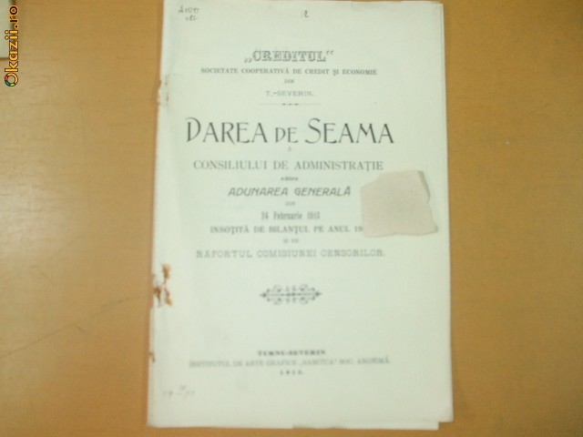 Dare de seama Soc. economie ,,Creditul&quot; T. Severin 1913