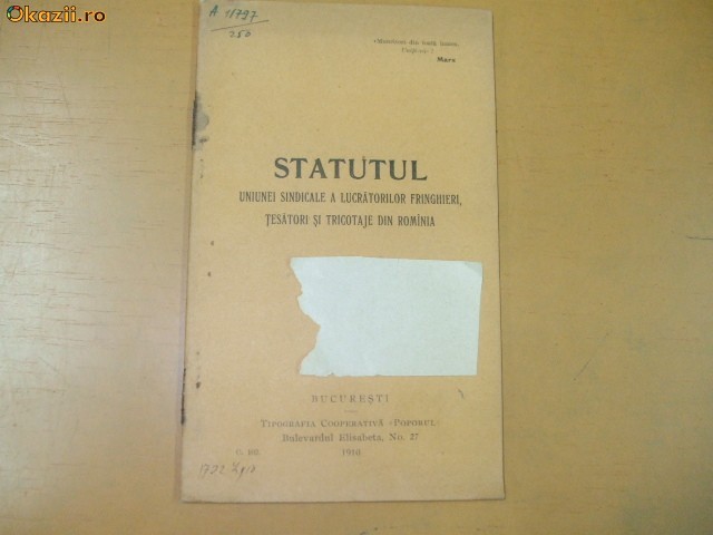 Statut Uniunea fringheri, tesatori si tricotaje Buc. 1910