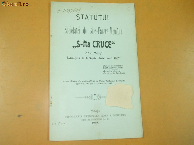 Statute Soc. binefacere ,,Sfanta Cruce&quot; Iasi 1908
